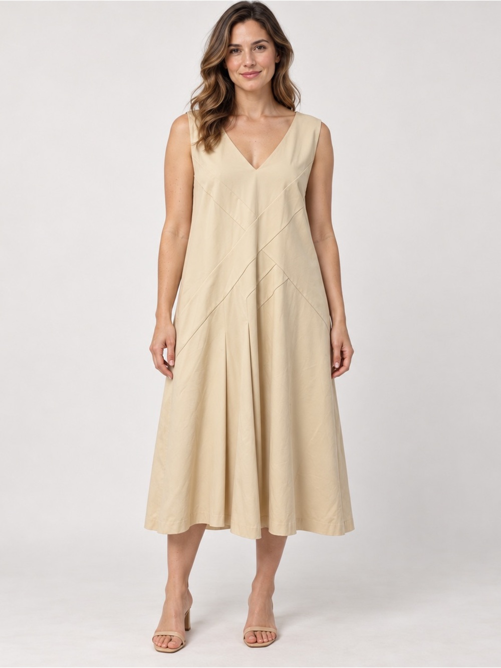 Lafayette 148 New York Light Cream yellow V-Neck Midi Dress Sz 18